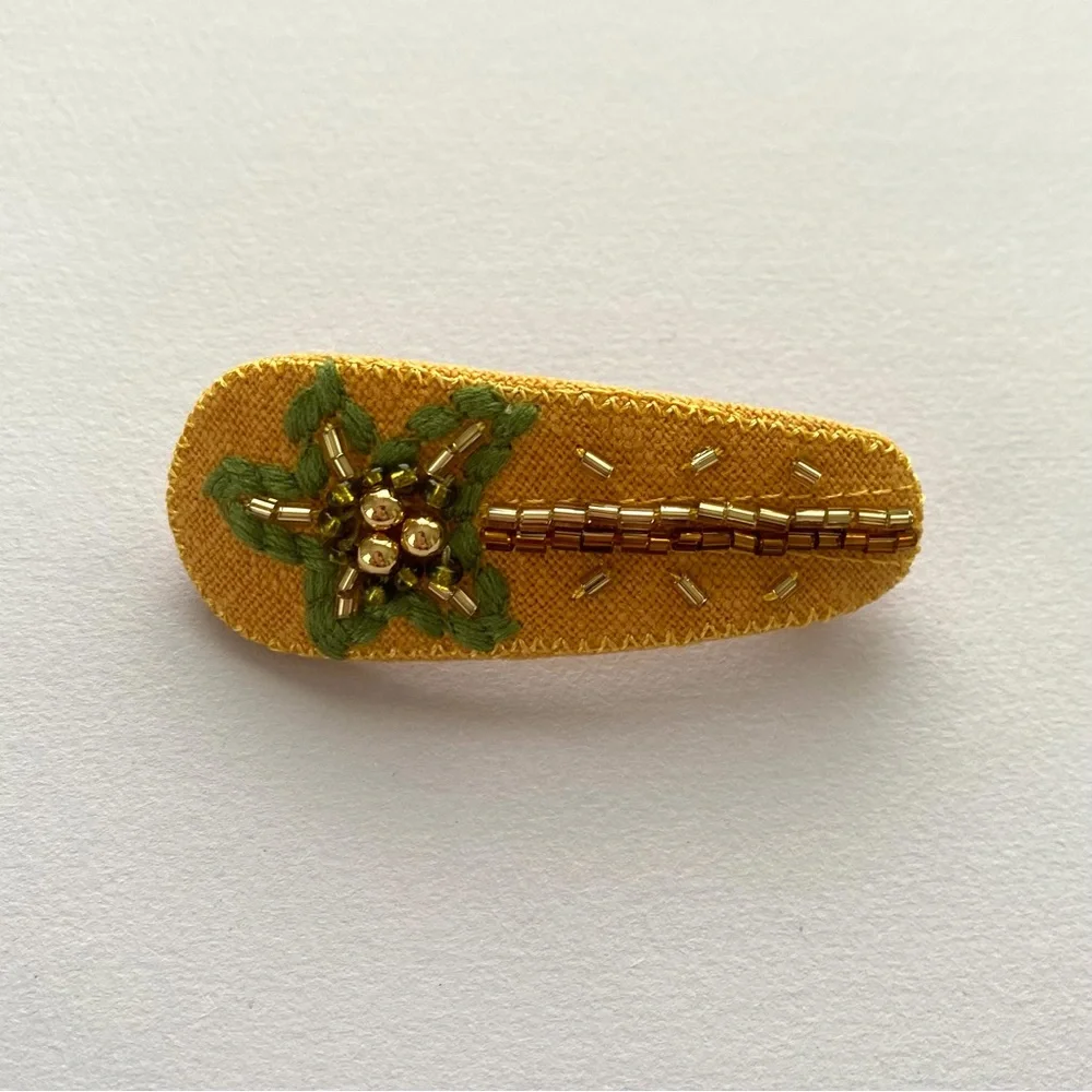 $40 NWT J. Crew Yellow Pink Embroidered Beaded Palm Tree Barrettes Hair Clips